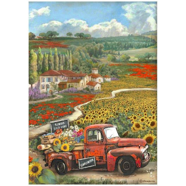 Stamperia - Sunflower Art Vintage Car - A4 Rice Paper