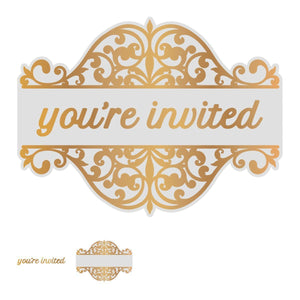 Couture Creations  - Cut, Foil & Emboss Die - Gentlemans Emporium - You're Invited Tag Set